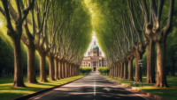 eine breite allee mit schoenen gruenen baeumen mit kraeftigen staemmen und am ende ein imposantes gebaeude