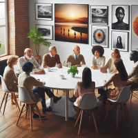 bei den fotofreunden much diskutieren 3 frauen und maenner in einer runde ueber schoene fotografien. 