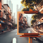 Draw me a picture that depicts a street with a reflection